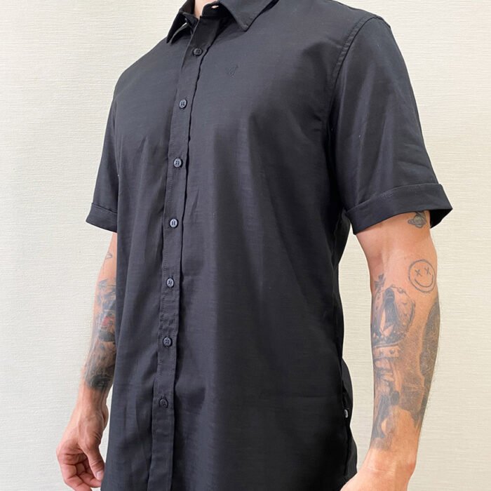 Camisa Hombre Manga Corta Mezcla Lino Algodón – Negra