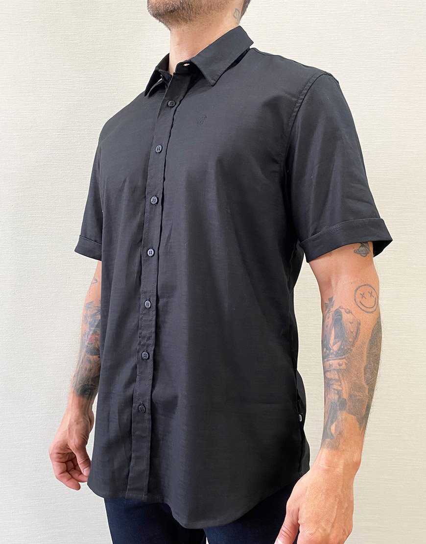 Camisa Hombre Manga Corta Mezcla Lino Algodón – Negra