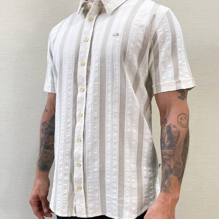 Camisa Hombre Manga Corta Regular Fit Rayas – Beige