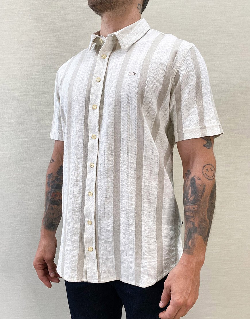 Camisa Hombre Manga Corta Regular Fit Rayas – Beige