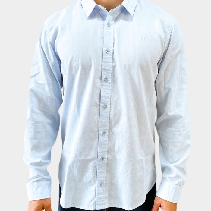 Camisa Hombre Manga Larga Slim Fit Rayas Verticales – Azul Claro