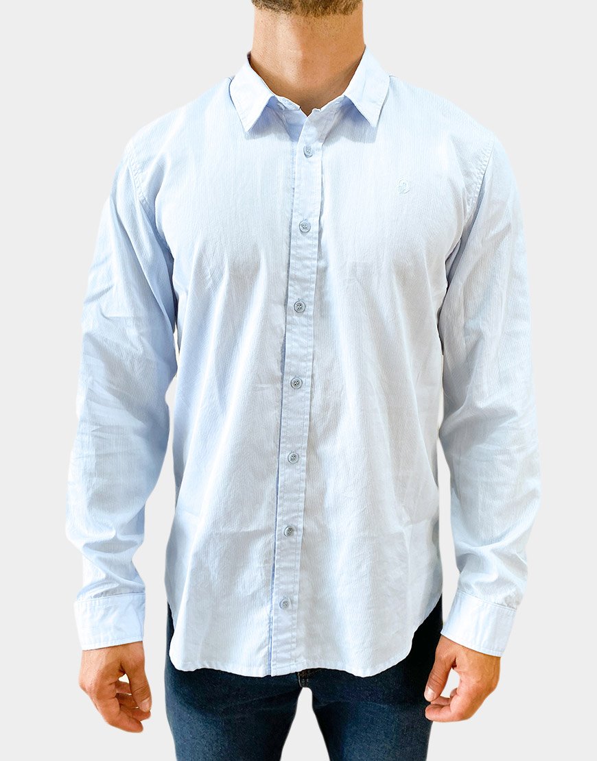 Camisa Hombre Manga Larga Slim Fit Rayas Verticales – Azul Claro
