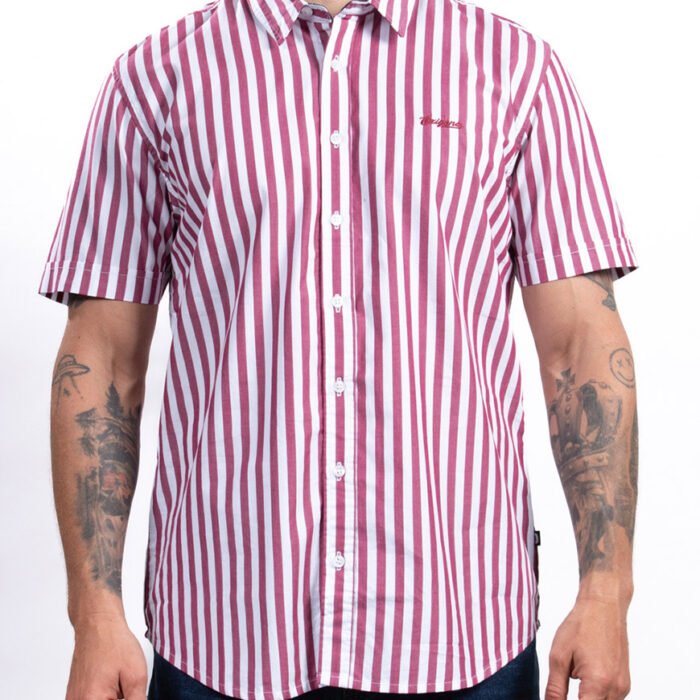 Camisa Hombre Manga Corta Regular Fit Rayas Verticales – Vino