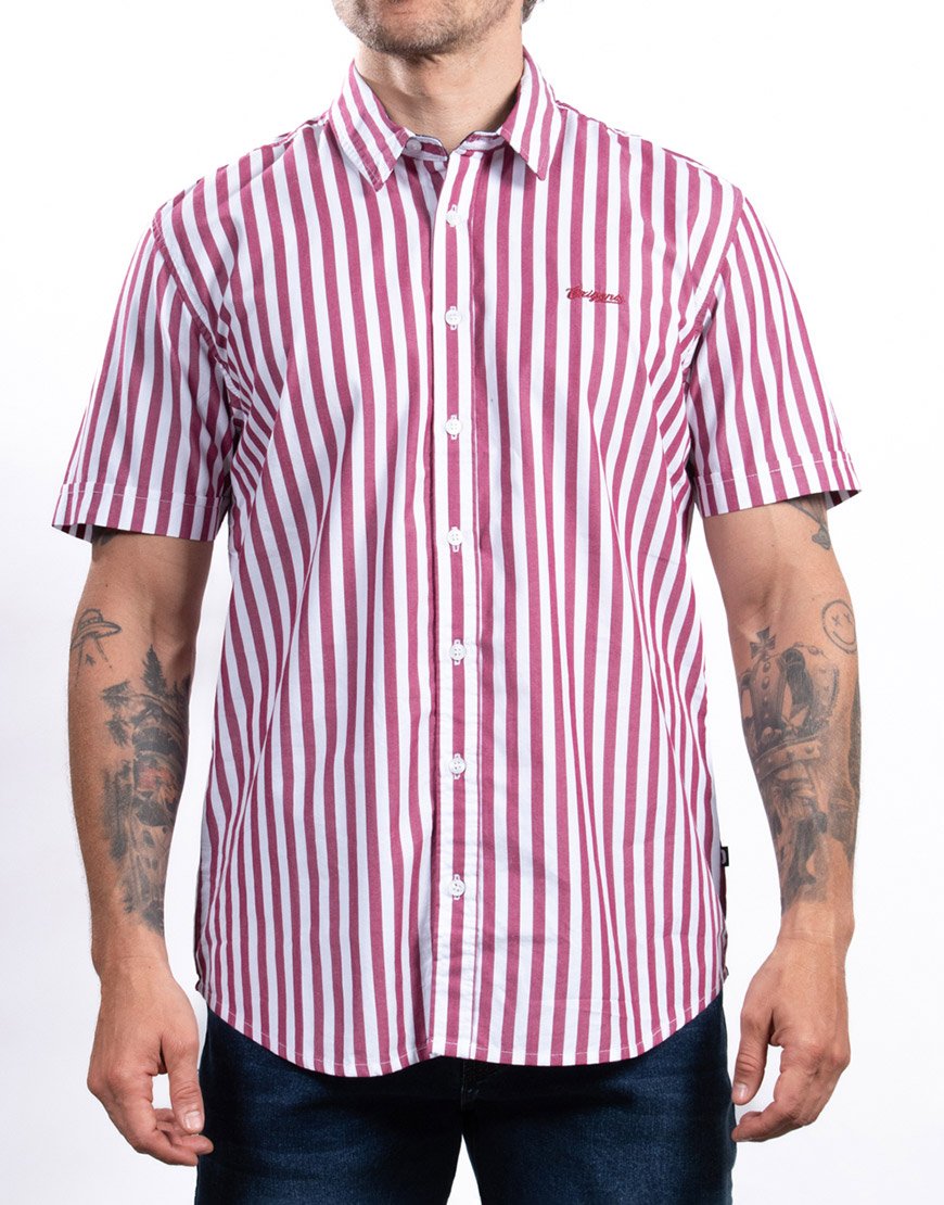 Camisa Hombre Manga Corta Regular Fit Rayas Verticales – Vino
