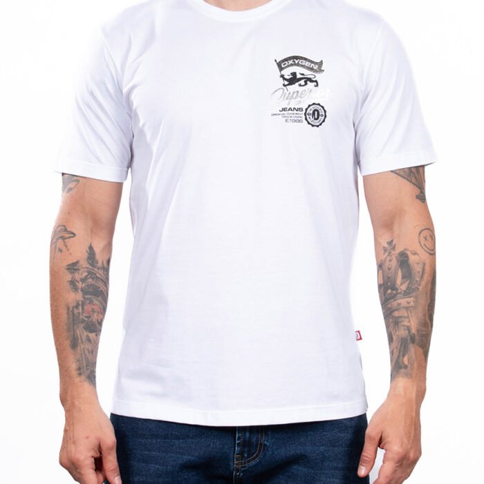 Camiseta Hombre Regular Fit Algodón Estampado León Vintage – Blanco