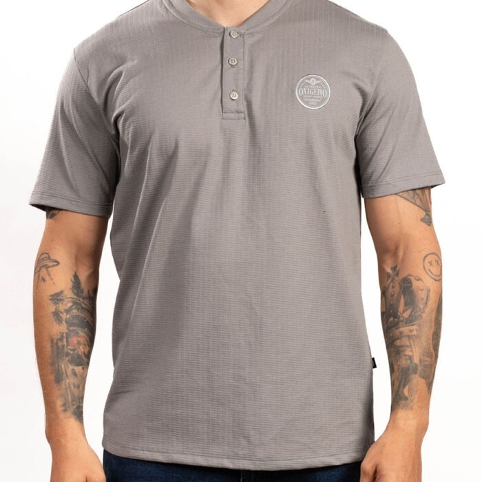 Camiseta Henley Hombre Algodón Texturizado Cuello Botones – Gris Medio