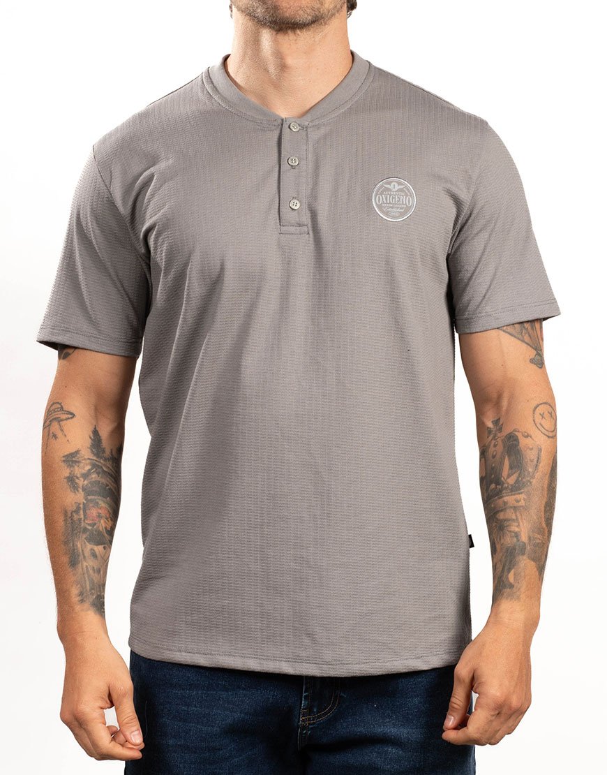 Camiseta Henley Hombre Algodón Texturizado Cuello Botones – Gris Medio