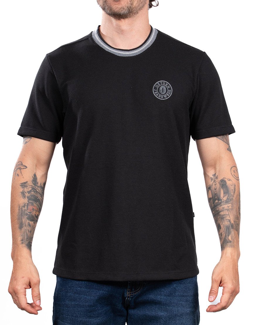 Camiseta Hombre Regular Fit Algodón Texturizado Cuello Tejido – Negro