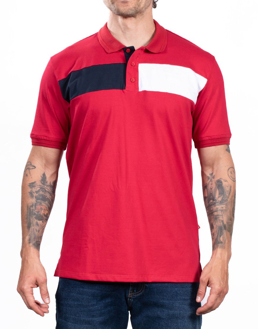 Polo Hombre Algodón Bloques de Color Rojo – Azul y Blanco