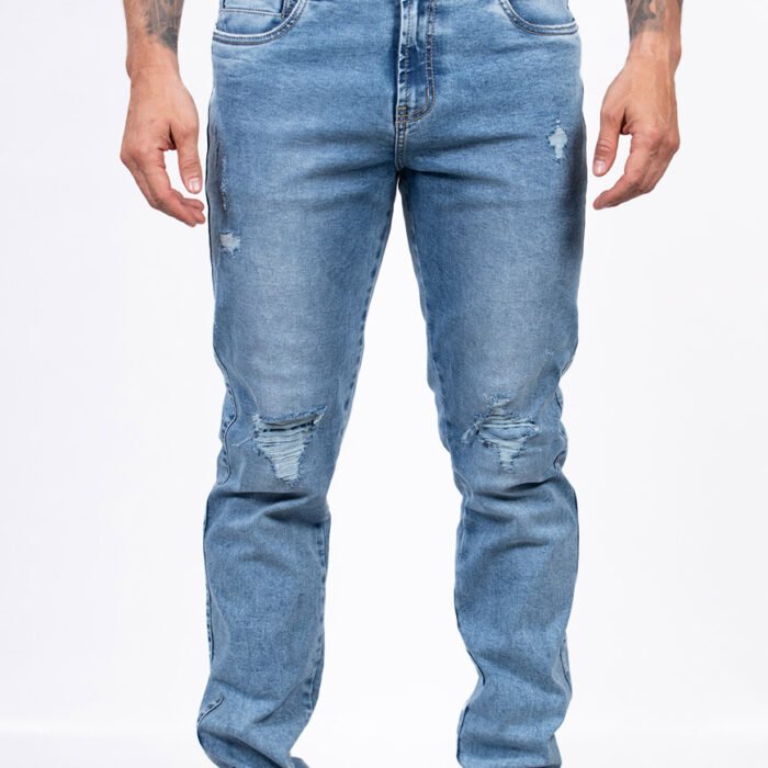 Jean Hombre Regular Fit Denim con Desgaste Corte Recto – Azul Claro