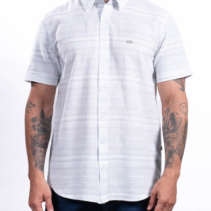 Camisa Hombre Manga Corta Regular Fit Rayas Horizontales – Blanco