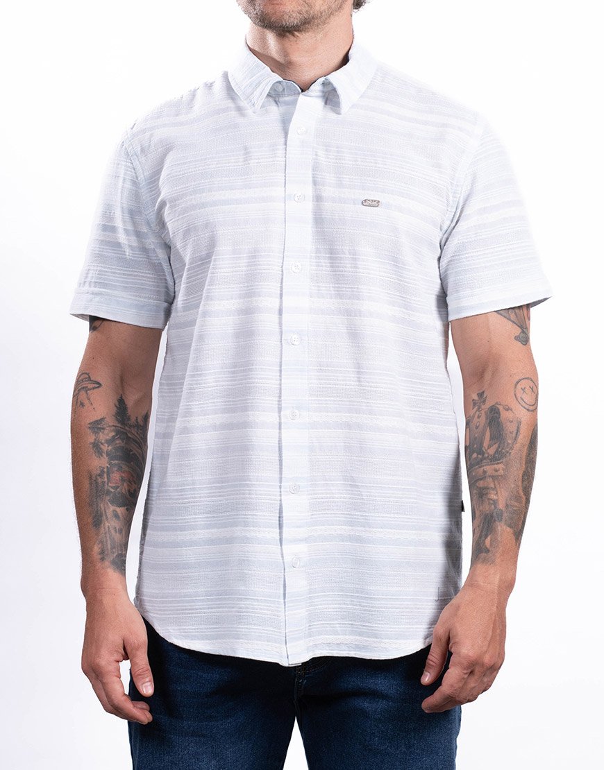 Camisa Hombre Manga Corta Regular Fit Rayas Horizontales – Blanco