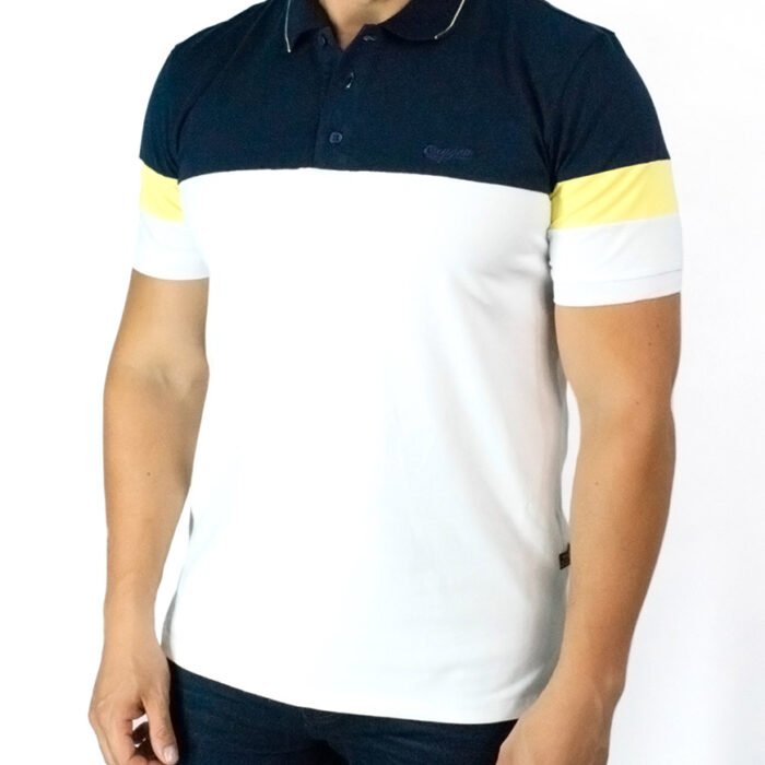 Polo Hombre Algodón Regular Fit Color Block – Blanco y Azul Oscuro