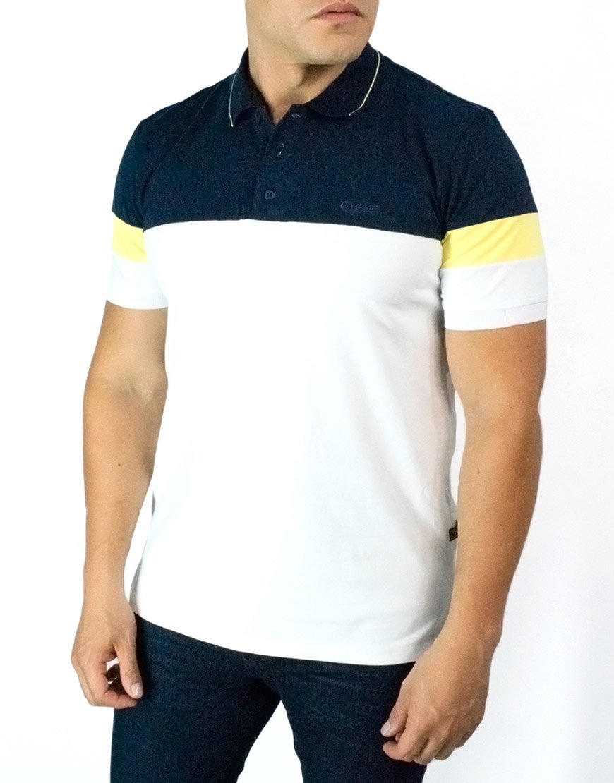 Polo Hombre Algodón Regular Fit Color Block – Blanco y Azul Oscuro