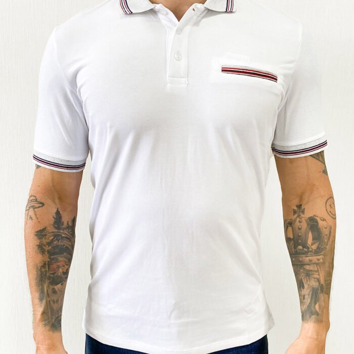 Polo Hombre Algodón Regular Fit con Bolsillo y Detalles Tricolor – Blanco