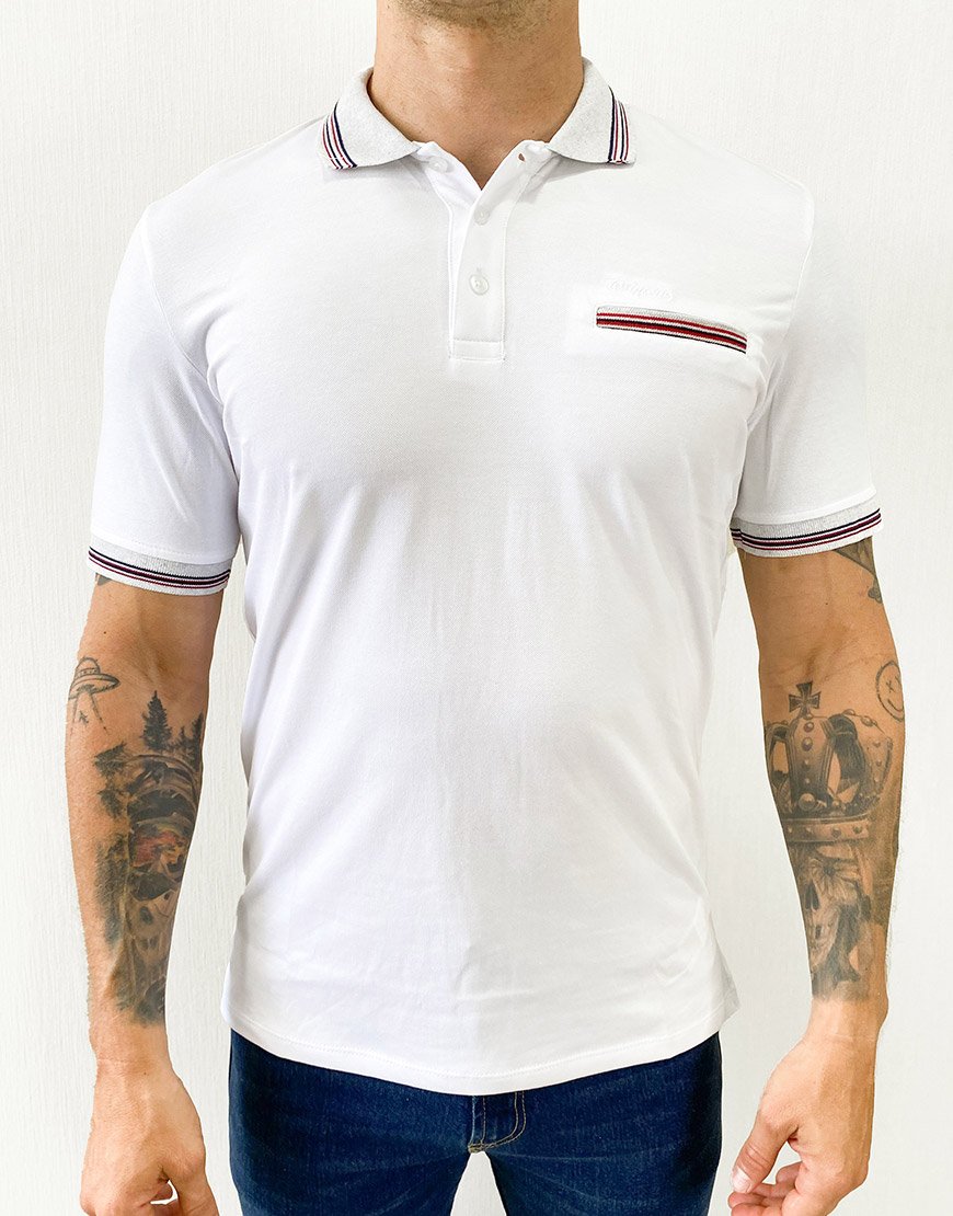 Polo Hombre Algodón Regular Fit con Bolsillo y Detalles Tricolor – Blanco
