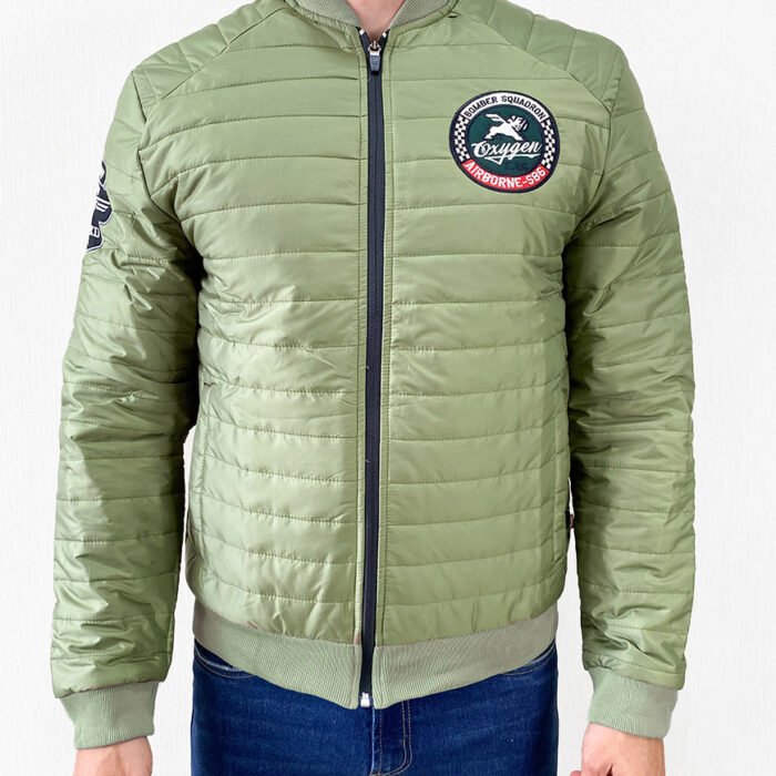 Chaqueta Hombre Acolchada Bomber con Parches – Verde Oliva