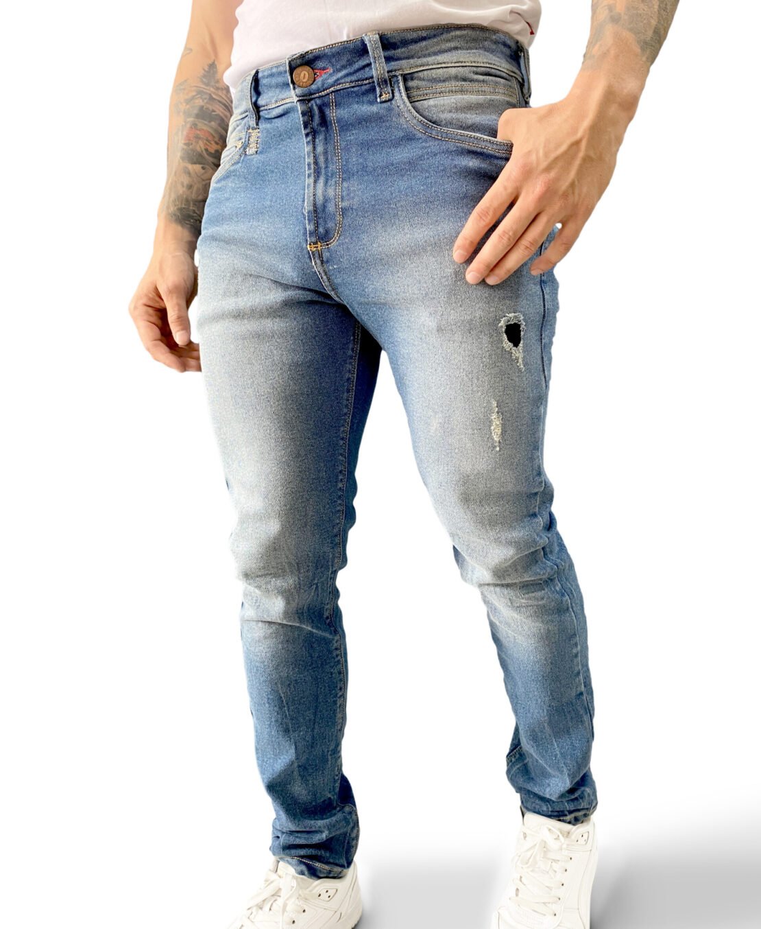 Jean Hombre Slim Fit Tool Stretch Denim Elástico con Rotos – Azul Índigo Claro