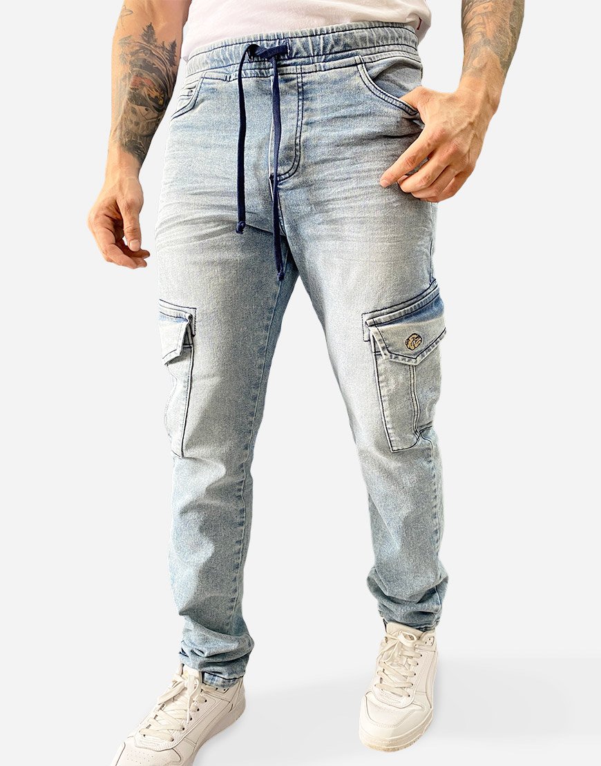 Jean Hombre Jogger Cargo Denim Elástico Ajuste Cordón – Azul Hielo