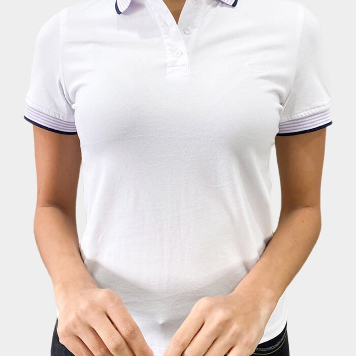 Camiseta Polo Mujer Preppy Stripe Algodón Piqué – Blanco