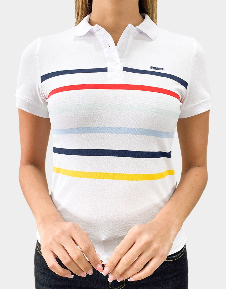 Camiseta Polo Mujer Nautical Stripe Algodón Piqué – Blanco