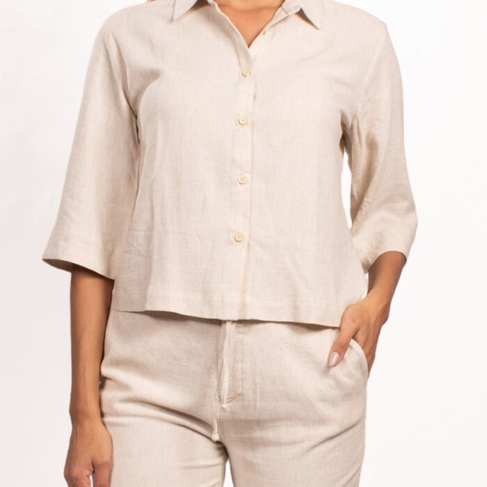 Camisa Mujer Lino Manga 3/4 Bordado al Tono – Beige Arena