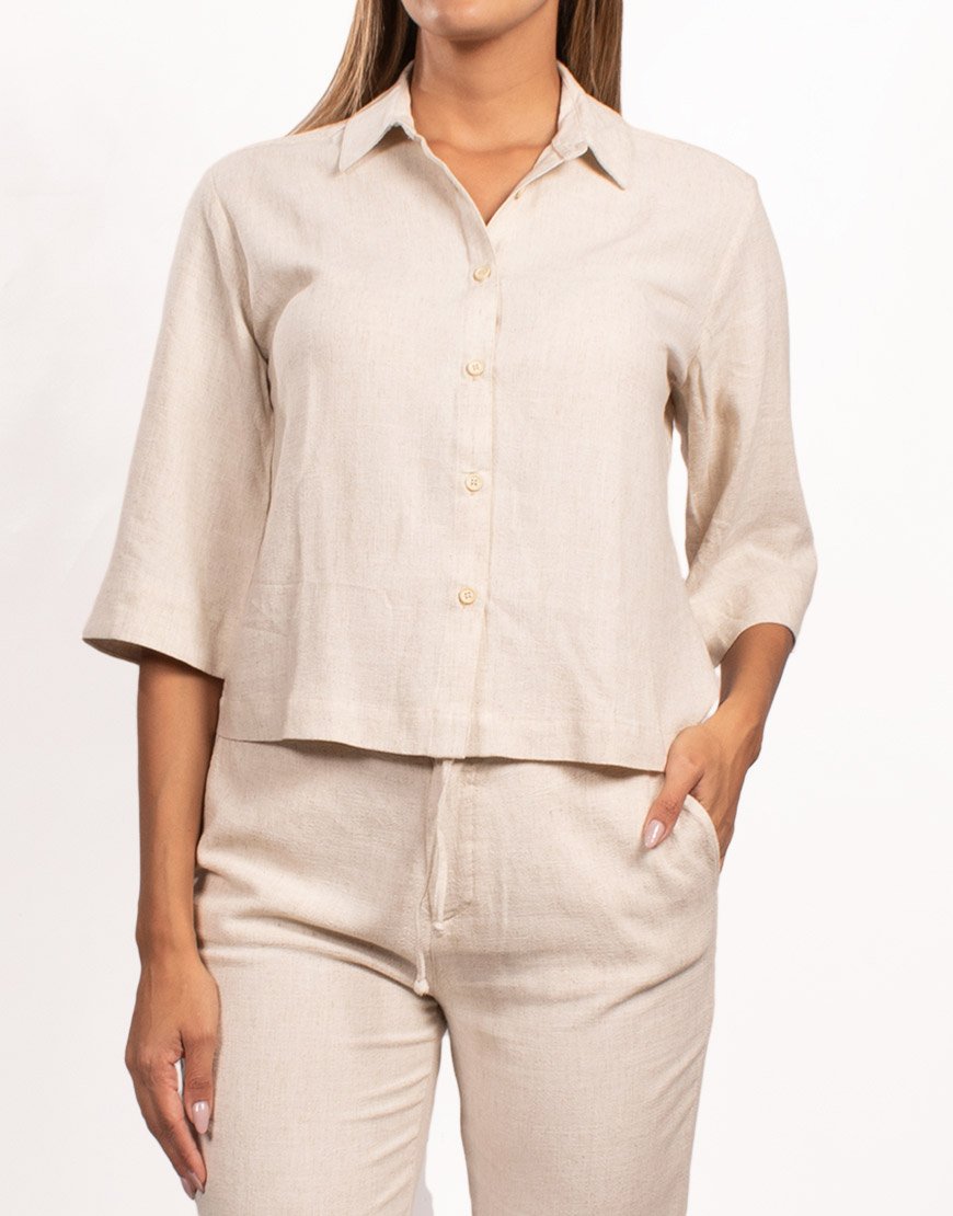 Camisa Mujer Lino Manga 3/4 Bordado al Tono – Beige Arena