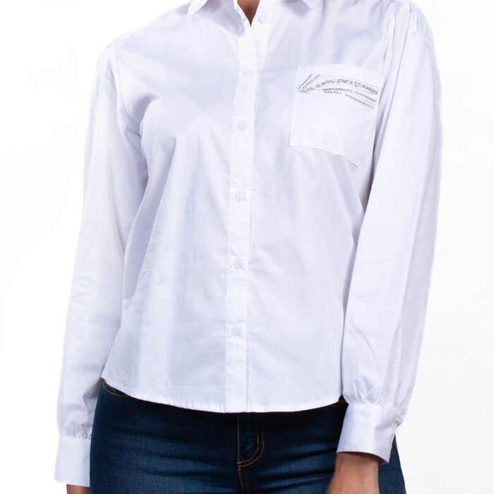 Camisa Mujer Lentejuelas Mangas Con Volumen – Blanco