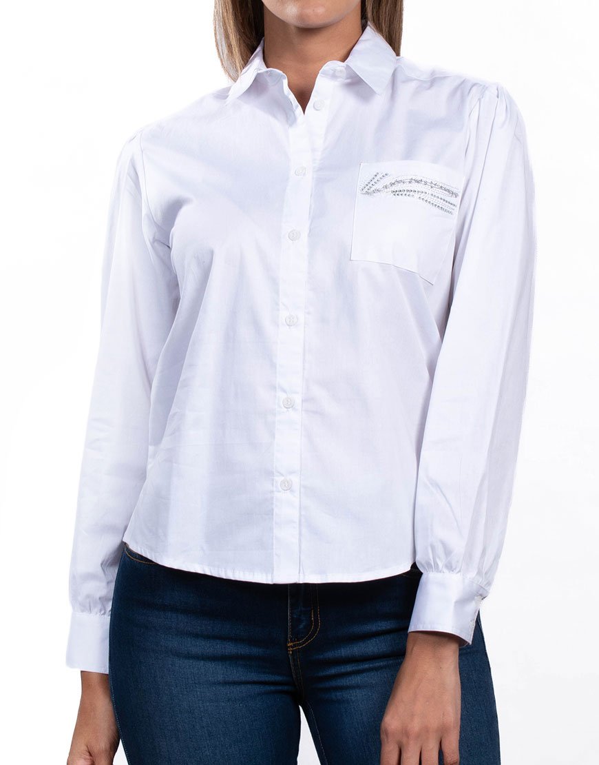 Camisa Mujer Lentejuelas Mangas Con Volumen – Blanco
