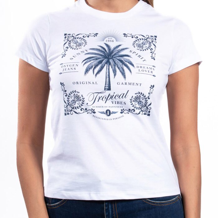 Camiseta Mujer Estampado Tropical Vibes – Blanca
