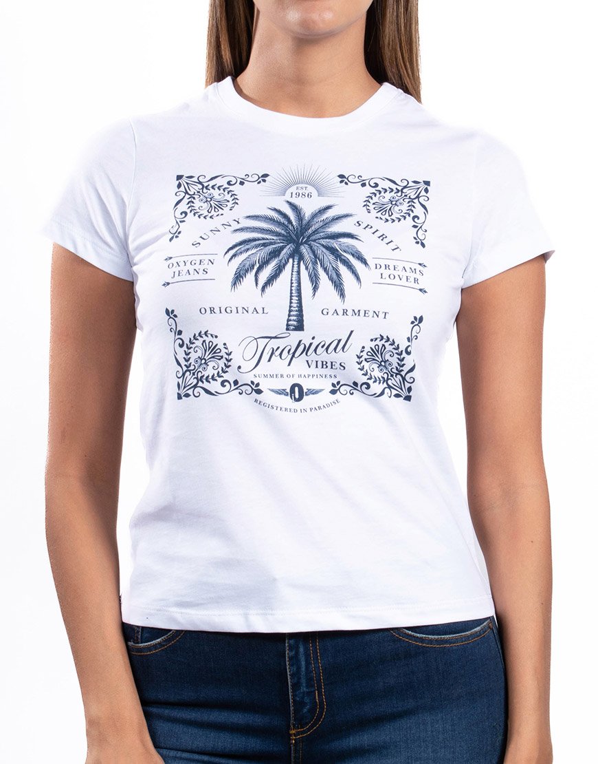 Camiseta Mujer Estampado Tropical Vibes – Blanca