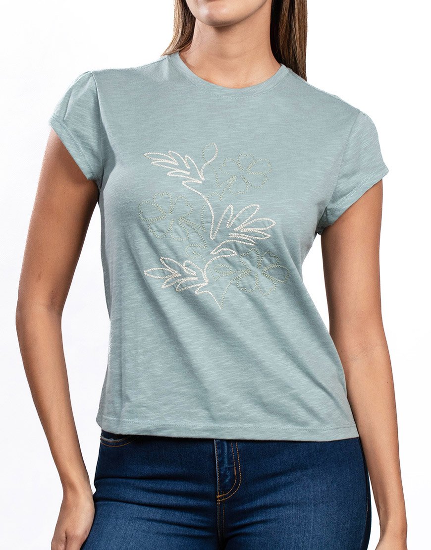 Camiseta Mujer Regular Fit Bordado Floral – Verde Claro