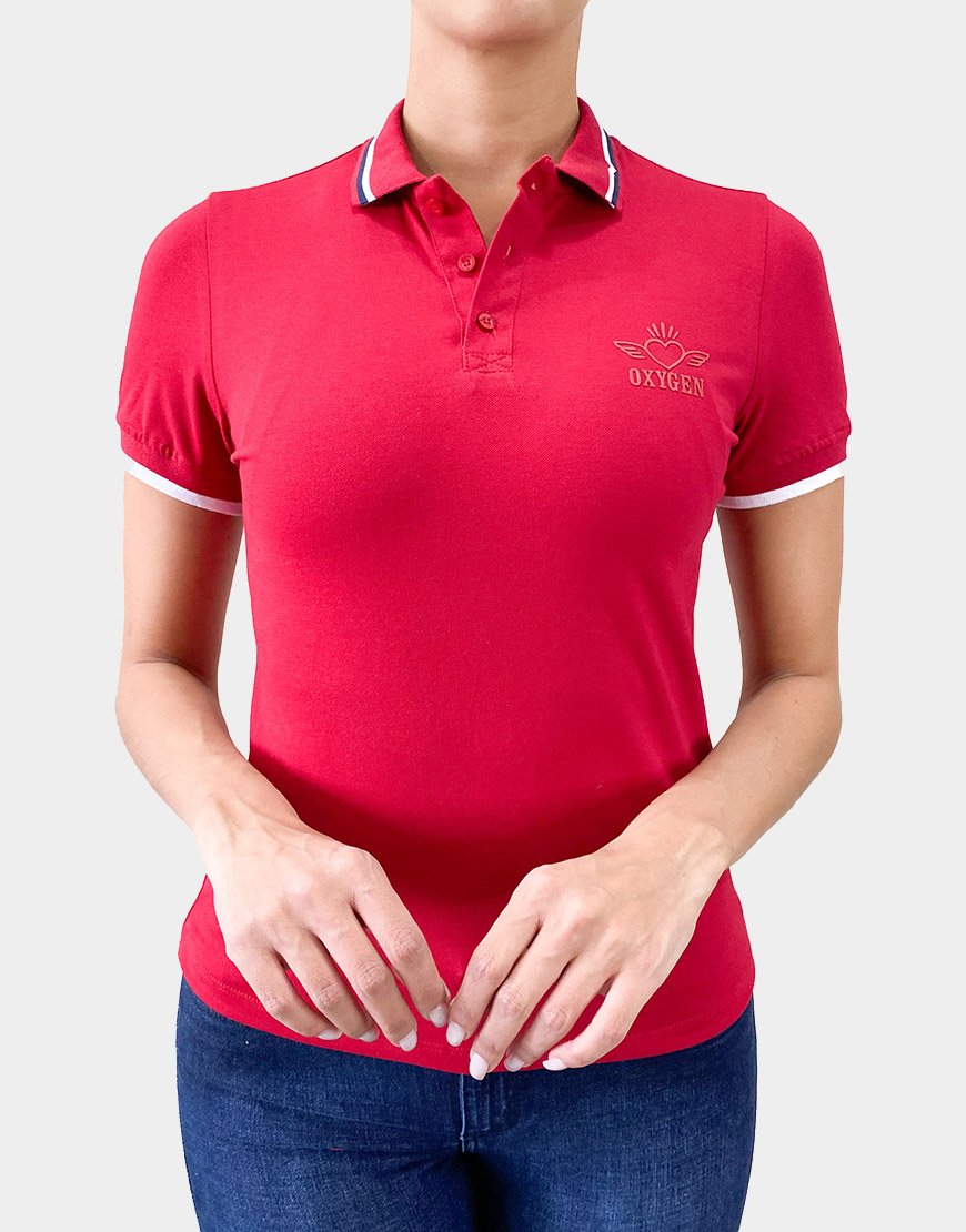 Camiseta Polo Mujer Clásica Detalle de Rayas – Rojo