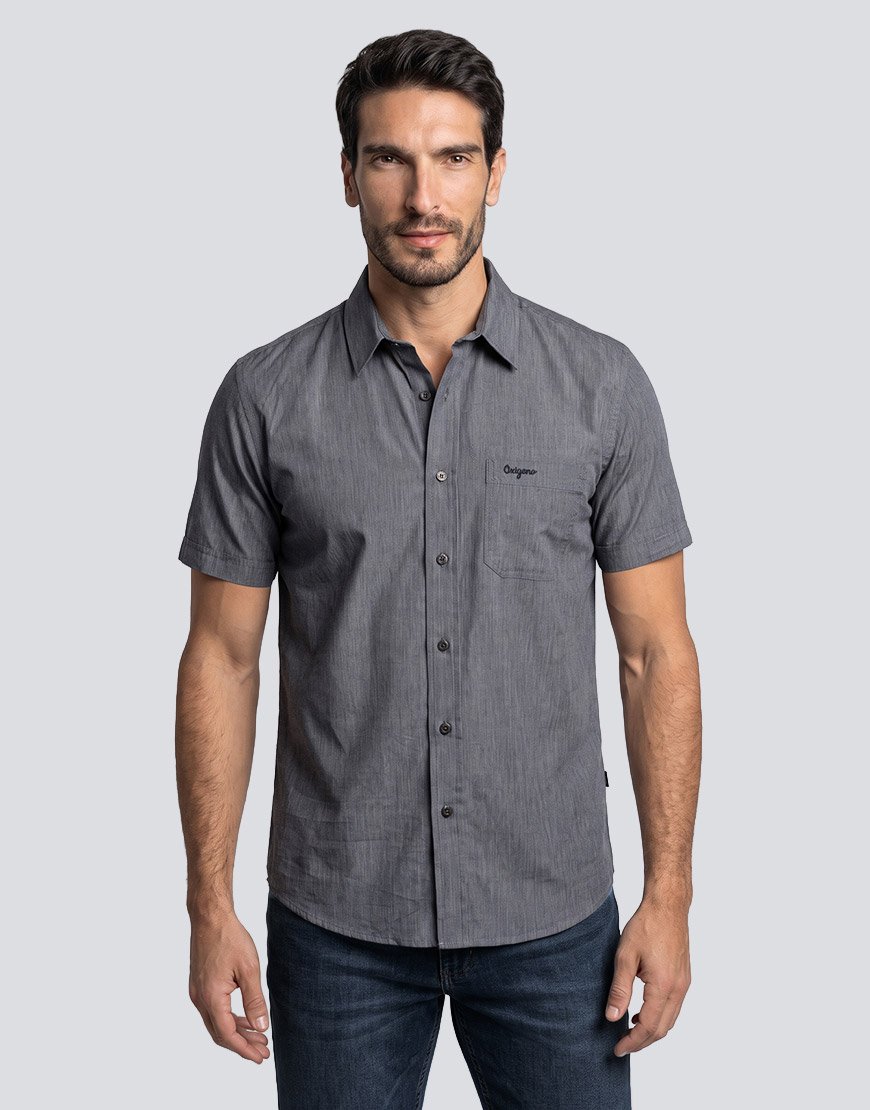 Camisa Hombre Rayas de Manga Corta con Bolsillo