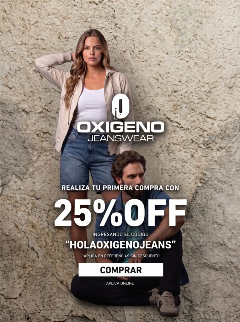 Descuento 25% OFF primera compra Oxígeno Jeanswear código HOLAOXIGENOJEANS